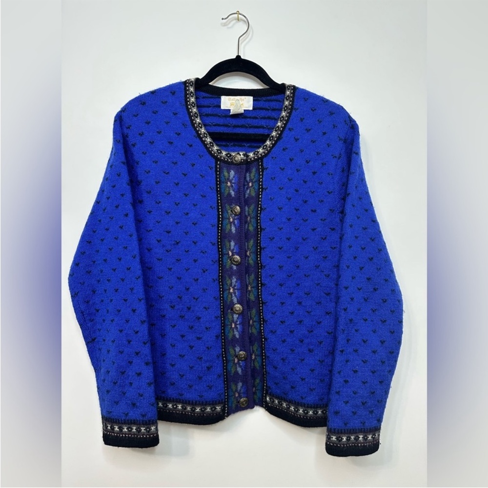 Vintage 100% Boiled Wool Folk Art Knit Cardigan Sweater Women's Size Lar…